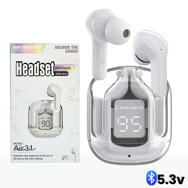 AIR 31 TWS ORIGINAL WITH BIG PACKING TRANSPARENT EARBUDS BLUETOOTH 5.3V White (Original)