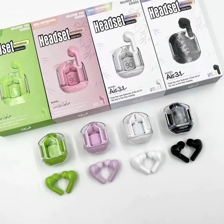 AIR 31 TWS ORIGINAL WITH BIG PACKING TRANSPARENT EARBUDS BLUETOOTH 5.3V White (Original)
