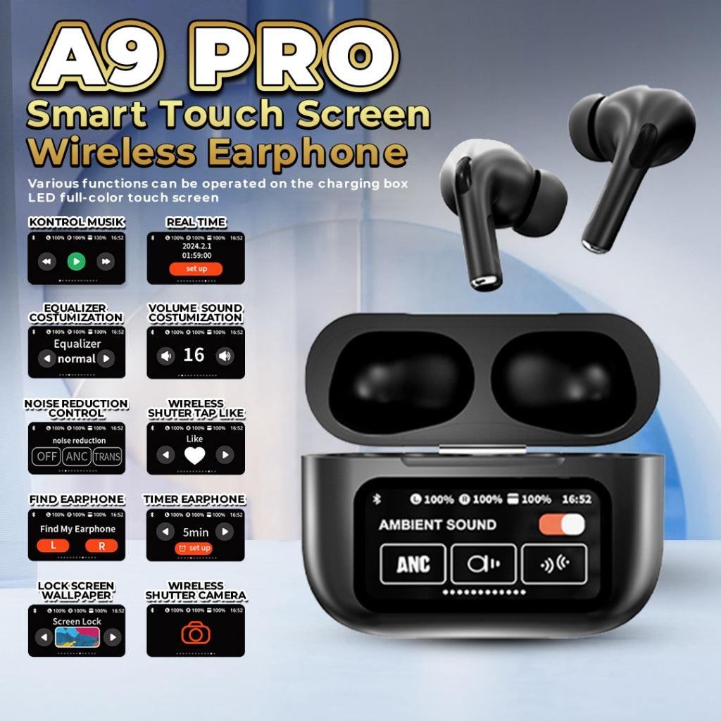 A9 PRO APP ANC/ENC DISPLAY TOUCH CONTROL BT 5.4 Wireless EARBUDS WITH ZWSVIBE APP BLACK